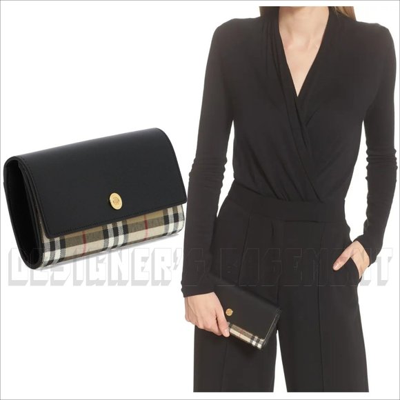 BURBERRY black leather HALTON Vintage Check coated canvas Continental Wallet NWT - Picture 1 of 7